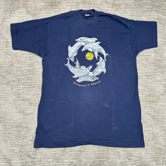 VTG Shirt Mens XXL Blue Dolphin's Moon Single Stitch USA Fruit of the Loom 90s - Picture 1 of 10